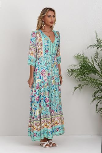 Image of Women Short Sleeve V Neck Floral Print Casual Bohemian Maxi Dresses