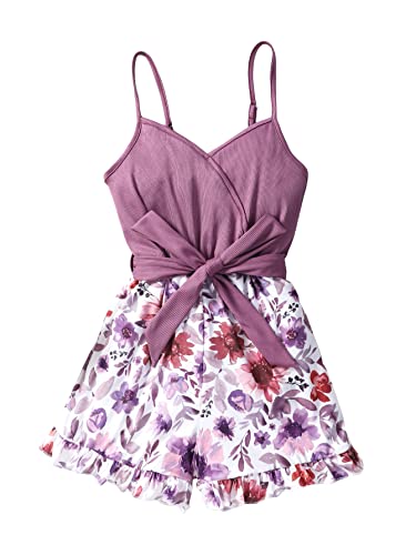 Soly Hux Girl's Floral Print V Neck Belted Cami Romper Ruffle Trim Wide Leg Shorts Jumpsuit Purple 150 #TOP24