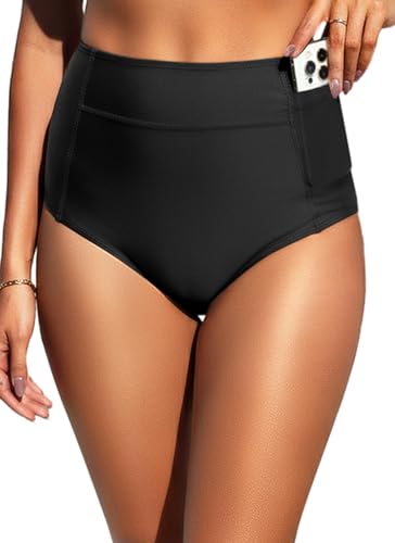 Tempt Me Women High Waisted Swimsuit Bikini Bottoms - Black Tummy Control Swim Bottom Full Coverage Bathing Suit with Pockets 2025 L