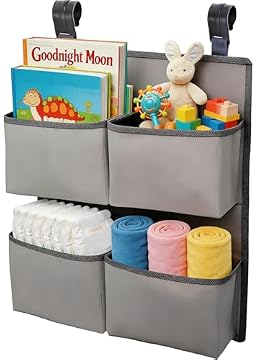KIKJOK Hanging Diaper Organizer for Crib/Playpen/Bassinet/Playard – Hold 80+ Diapers - 4 Deep Pockets- Changing Table Diaper Holder Bag- Diaper Storage for Newborn Baby Essentials Stacker Caddy, Gray