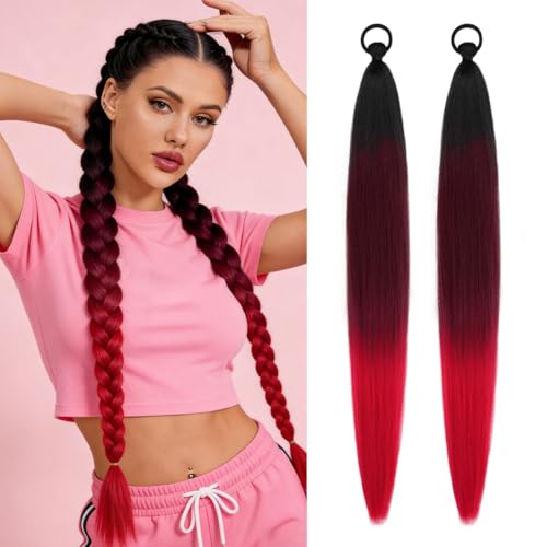 Braid Ponytail Extension with Elastic Tie 2 Packs Long Braided Ponytail Extensions Synthetic with Hair Tie 26 Inch Black to Burgundy to Red