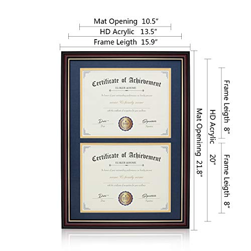 Image of ELSKER&HOME Double Diploma Frame for Two 8.5x11 with Navy Mat,Wood | Cherry Wood,Document /Photo Made for Certificates&Diploma 14x20 Inch Without Mat (Double Mat, Navy Blue Mat with Golden Rim)
