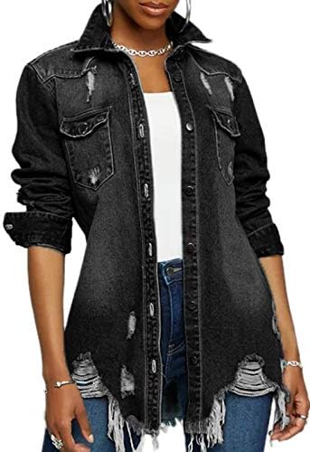 LaiyiVic Black Jean Jacket Women Distressed Ripped Long Sleeve Oversized Denim Jackets XL