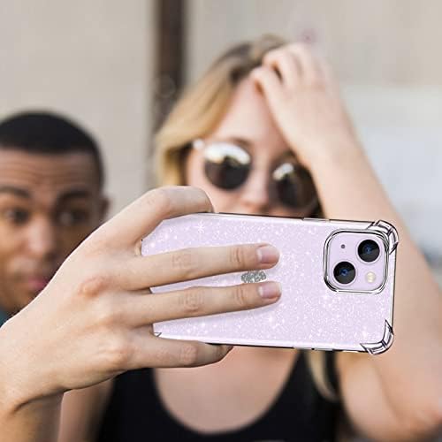 FLLAO Clear Glitter Case Compatible with iPhone 14 Plus Case with 2 Pack Tempered Glass Screen Protector and 2 Camera Lens Protector, Crystal Transparent Soft Bumper Silicone Cover for iPhone 14 Plus