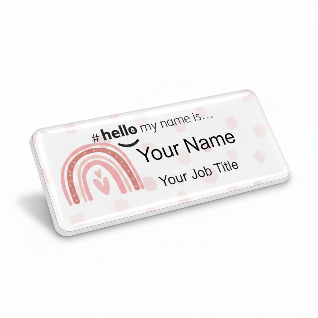 Badgemaster Resin Finish Hello My Name Is Personalised Nurse Midwife Hospital NHS Practitioner Nursery Preschool Rainbow Pink Polka Dots Name Badge