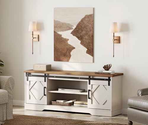 Image of WAMPAT Farmhouse Style TV Stand for 55-65 inch TV w /Distressed Wood Finish