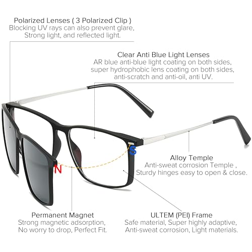 Image of Computer Blue Light Blocking Gaming Glasses Men Polarized Magnetic Clip on Sunglasses for Eyeglasses UV Protection
