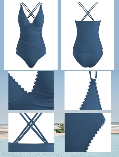 Image of ZAFUL Womens Tankini Swimsuits V Neck Push Up Swim Top Color Block Tummy Control High Waisted Bathing Suits Swim Bottom