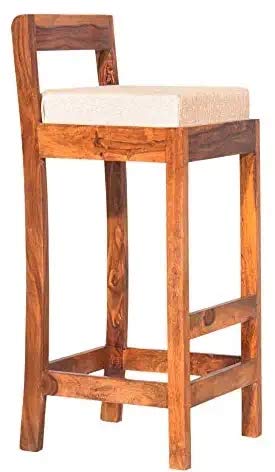 Image of OGESTA Solid Sheesham Wood Bar Chair for Kitchen Island & Breakfast Counter | High Back Wooden Bar Stool with Cushioned Seat | Rustic Walnut Finish | Home Bar & Dining Counter Chair (style 9)