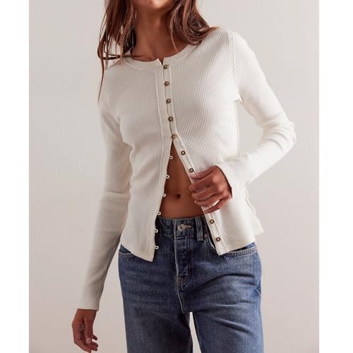 Image of Women Slim Fitted Cardigan Button Down Long Sleeve Ribbed Knit Shirt Y2k Solid Casual Tops (US, Alpha, Small, Regular, Regular, White)