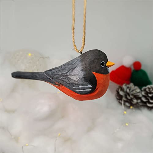 Birds Hanging Ornaments Hand Carved Painted Wooden Birds Statue For Holiday Decorations (American Robin) #TOP3