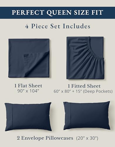 Image of LANE LINEN Eco Friendly 100% Organic Cotton Bed Sheets Queen Size, Soft & Comfy Percale Weave, Fully Elasticized Mercerized Naturally Cooling Cotton Sheets Queen Size Set- Navy