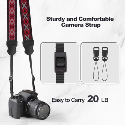 Image of Universal Camera Strap - Camera Neck Strap, Adjustable Shoulder Straps Compatible with Canon, Fujifilm, Nikon, Olympus, Panasonic and other SLR and mirrorless cameras - Red White Grey Rhombus