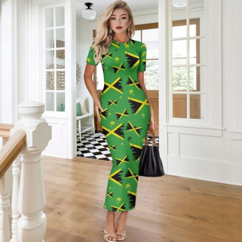 Image of Womens Short Sleeve Jamaican Flag Midi Bodycon Dress | Soft stretchy fabric,crew neck,jamaican print casual date night cocktail party, elegant chic, spring summer fall all season