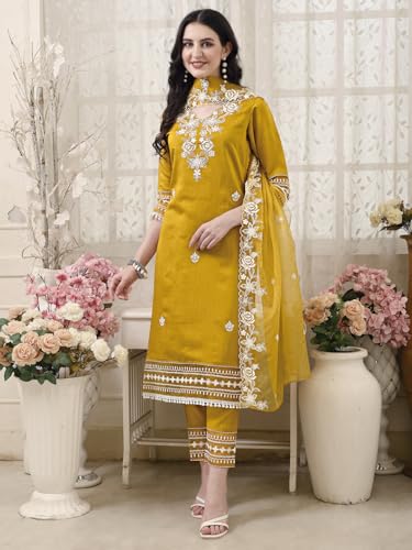 Image of NIVANA Womens Pakistani Style Embroidered Kurta with Pant & Embroidered Dupatta | Chanderi Straight Kurta Set with V-Neck & 3 /4 Sleeves | Ethnic Wear for Festive & Casual Occasions