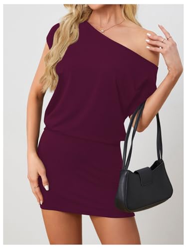 Image of SOLY HUX Women's Off The Shoulder Mini Dress Going Out Asymmetrical Neck Short Sleeve Casual Bodycon T Shirt Dresses