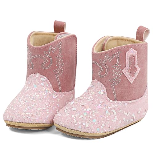 ESTAMICO Baby Girls Embroidery Western Cowgirl Boots Infant Sequin Leather Cowboy Booties Round Toe Ankle High Hook and Loop Shoes3