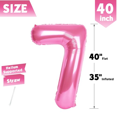 Image of 40 Inch Pink Number 7 Balloon Birthday Party Decorations for Men & Women | 40 Inch Pink inflatable foil number balloons, large birthday decorations for 7th birthday