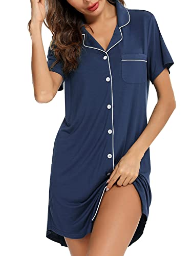 Image of Samring Pajama Nightgown for Women Short Sleeve Button Down Boyfriend Night Gown Nightdress Sleep Shirts