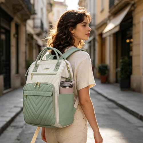 Image of VANKEAN 17 Inch Laptop Backpack for Women Fashion Computer Work Bag, Large Capacity Waterproof Backpack, College Daypack Business Travel(Beige-Light Green, 17.3 Inch)