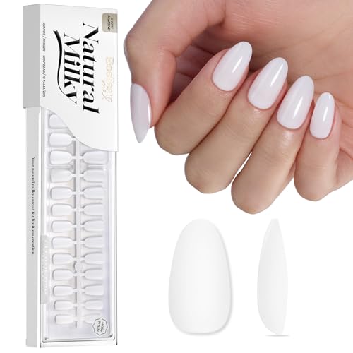 Image of Beetles Milky White Press on Nails | 160PCS, 16 Sizes Natural Short Oval Nail Tips | Pre-Colored Full Cover Soft Nail Gel Fake Nails | Salon-Gel Look for DIY Manicure