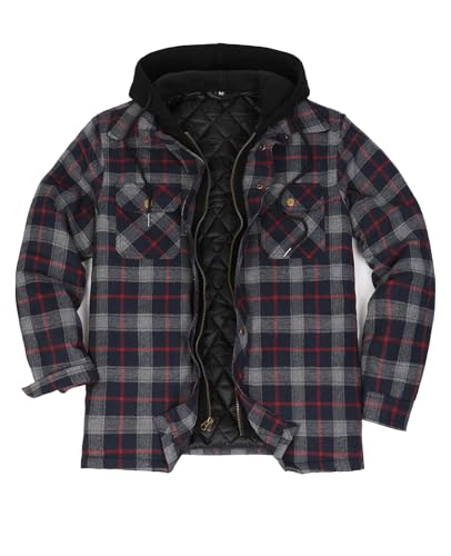 Image of ZENTHACE Men's Quilted Lined Hooded Plaid Jacket,Zipper & Snap Closure