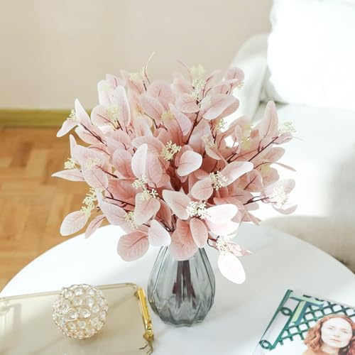 Image of TIED RIBBONS Pack of 6 Artificial Eucalyptus Flowers Bunches (Pink, 19.6 Inch) - for Vase Pot Home Decoration Home Decor Living Room Side Table Centerpiece (Vase not Included)