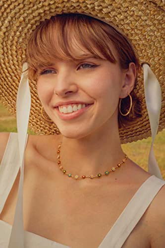 Aobei Pearl Cute Colorful Daisy Flower Necklace 18K Gold Chain Choker Bohemian Enamel Sunflower Neck Jewelry For Women Girls 16” #TOP1