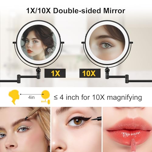 Imikona 9 Inch Wall Mounted Lighted Makeup Mirror,4000Mah Rechargeable Double Sided 1X/10X Magnifying Mirror With Light,3 Color Lights,Touch Dimmable,Extended Arm 360 Rotation Wall Mounted Makeup Mirror thumb #2