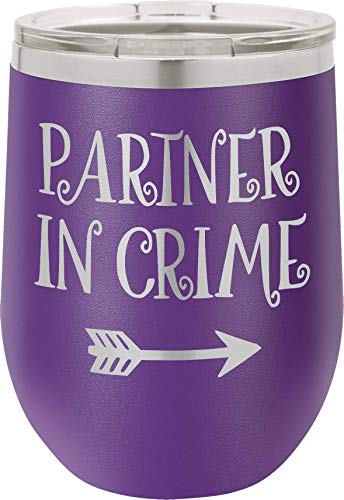 ❤ Crazy Deals Gifts for Women and Men, Friendship Gifts for Christmas, Birthday Gift - Partner In Crime - 12oz Stainless Steel Wine Tumbler with Lid and Straw for Her and Him Purple