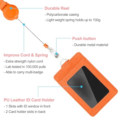 Image of Conisy ID Badge Holder with Retractable Lanyard, Vertical PU Leather ID Badge Card Holder with 2 Card Slots for Women Men (ID Badge Holder Orange)