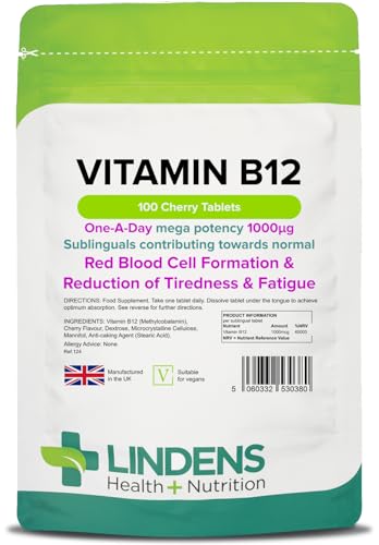 Lindens Vitamin B12 1000mcg Cherry Flavour Sublingual Tablets - 100 Pack - for Red Blood Cell Formation and Fatigue Reduction - Fast Absorption - UK Manufacturer, Letterbox Friendly