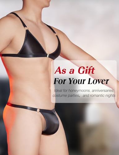 Adigau Herren Dessous Set Sissy Unterwäsche Vorne Offener BH-Oberteil mit Tanga Höschen Männer Reizwäsche Bikini Schlafanzug Schwarz L