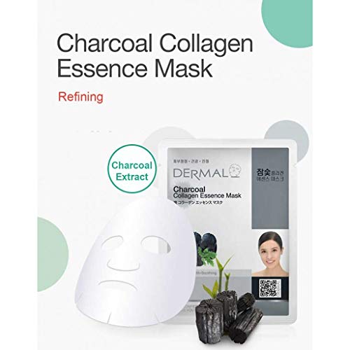 Dermal Charcoal Collagen Essence Facial Mask Sheet 23G Pack Of 10 - Pore Tightening & Clearing, Skin Purifying & Detoxifying, Daily Skin Treatment Solution Sheet Mask #TOP1