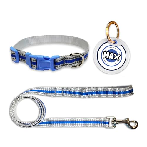 Image of Pawsindia Leash and Collar with Name Tag for Dogs, Reflective Blue 0.75 Inche Width Adjustable Collar and 4 Feet Heavy Duty Leash with Customize Nametag