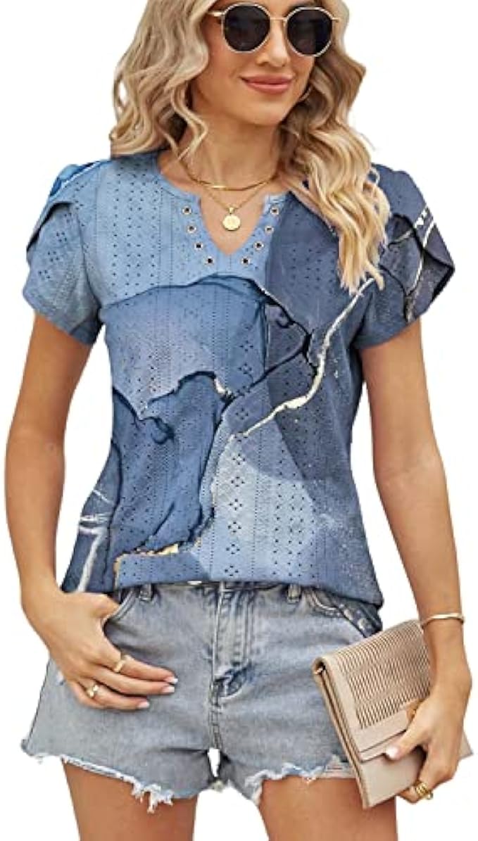 Women's Tops Summer V Neck Petal Short Sleeve Eyelet Casual Loose Tunic Blouses Floral Pointelle Hollow Out Tee Shirts