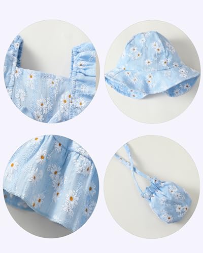 Renotemy Baby Girl Dress Summer Outfits Infant Boho Light Blue Daisy Casual Floral Sundress with Hat and Bag Sleeveless Princess Party Beach Dresses Baby Girl Clothes 3-6 Months