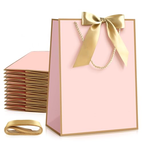 Image of JMANNI 12 Pcs Wedding Paper Gift Bags with Handle,13 inch Medium Thank You Gifts Bags with Ribbon Bow Bridal Shower Gifts for Baby Shower Graduation Holiday Birthday Party Supplies Mothers Day(pink-gold)
