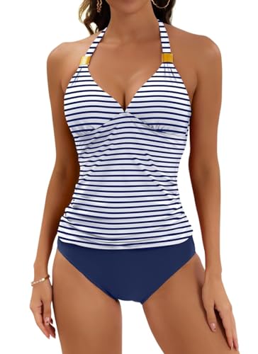B2prity Neckholder-Tankini-Badeanzug für Damen, Bauchkontrolle, Zweiteiliger Badeanzug, V-Ausschnitt, Bademode mit Shorts, Weiß/Blau gestreift, Large