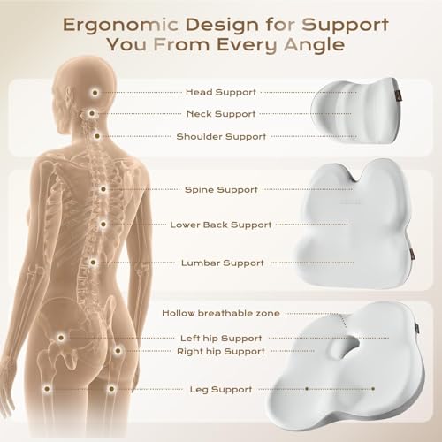 Image of Coverado Car Seat Cushion Back Support Pillow Neck Headrest Pillow, Ergonomic Memory Foam Sciatica & Back & Tailbone Pain Relief Cushion for Office Chair Seat Cushion for Chair Gray&Light Gray