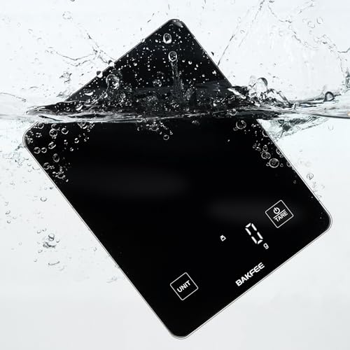 BakFee 10kg Rechargeable Digital Kitchen Scale IP67 Waterproof Food Scale with 1g Precision USB Rechargeable LED Display Tempered Glass Surface for Baking Cooking Making Sourdough Bread. Black