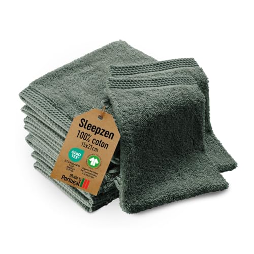SLEEPZEN - Lot Gant de Toilette Coton Bio (Lot de 10 - Vert Green Bay) Certifié GOTS - 500 g/m² Certifié Oeko-Tex - Gants de Toilette Ultra-Absorbant -...