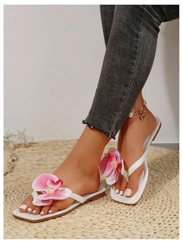 Women's 3D Floral Appliques Flip Flops Flat Sandals Flower Square Open Toe Thong Summer Beach Sandals3