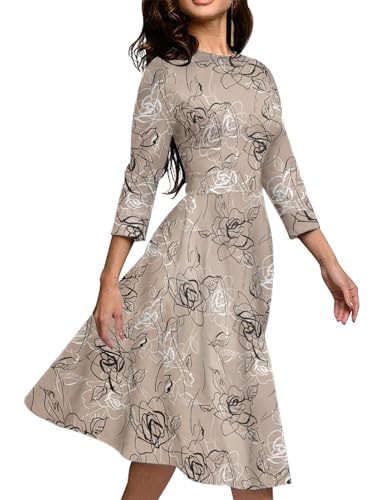 Image of Simple Flavor Women's Floral Vintage Dress Elegant Midi Evening Dress 3 /4 Sleeves