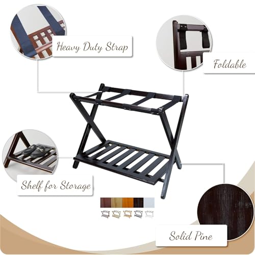 Image of Priti Solid Wood Foldable Luggage Rack with Shelf for Bedroom & Hotel | Heavy Duty Nylon Straps | Space Saving Suitcase Stand | Shoe Storage Bottom Rack | Premium Dark Walnut Finish