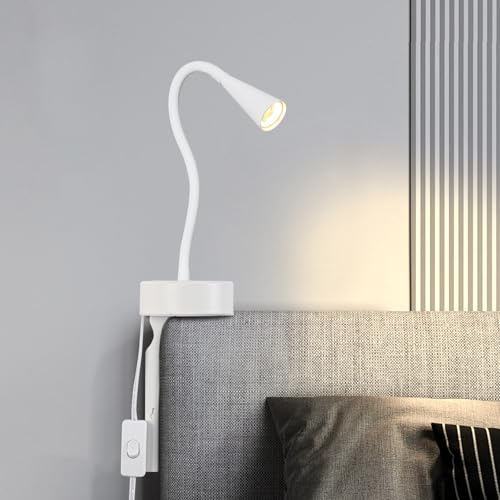 Image of White Headboard Reading Light, No Drilling Wall Mounted Reading Lights for Bedside, Book Light for Bedtime Reading, Buttonless Dimmable Reading Lamp, Movable Gooseneck Reading Sconces for Bedroom