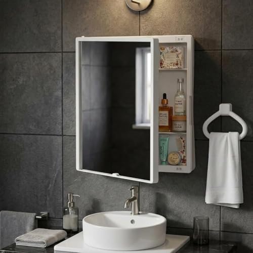 Image of BRANCO New Rich Look Bathroom Cabinet with Mirror | Storage Organiser | Strong Plastic Bathroom Shelves Wall Mounted | Bathroom Accessories| Mirror Cabinet | with Towel Ring | White