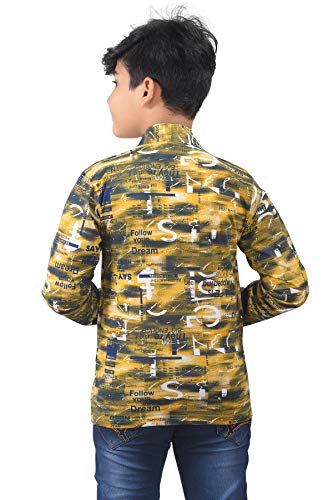 Image of Boy's Full Sleeve Cotton White Printed T-Shirt with Yellow Jacket Shrug Look Smart and Comfortable for Any Casual and Festive Purpose