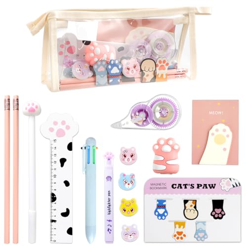 19 PCS Juego de Papelería con La Pata de Un Lindo Gato, Mini Lápiz Roller de Dibujos Animados Kawaii, Marcadores Magnéticos, Cinta Correctora para Niños Amantes de Los Gatos