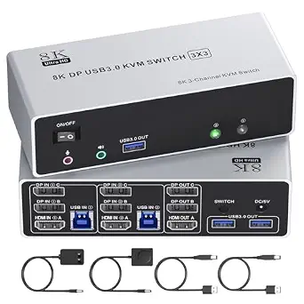KVM Switch for 3 Monitors, 2 Computers, 8K@60Hz/4K@144Hz, USB 3.0, HDMI, DisplayPort, Triple Monitor Sharing